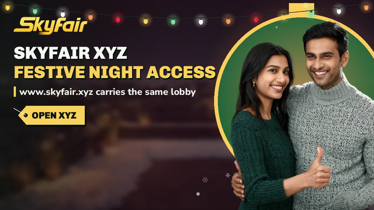 SkyFair Xyz: Festive night access banner, www.skyfair.xyz carries the same lobby, couple in festive knitwear