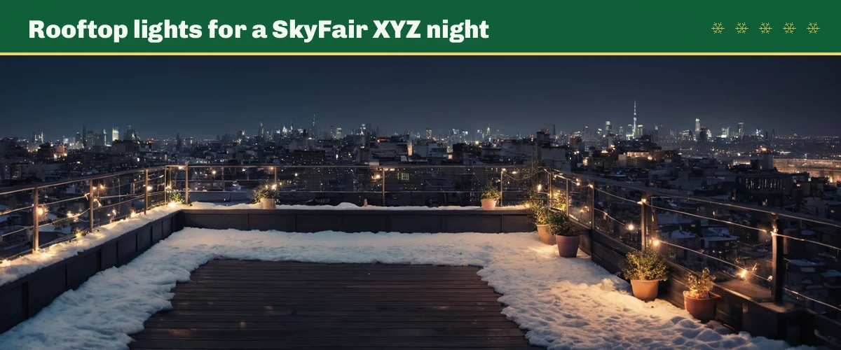 Rooftop lights for a SkyFair XYZ night — a rooftop terrace with string lights over a skyline