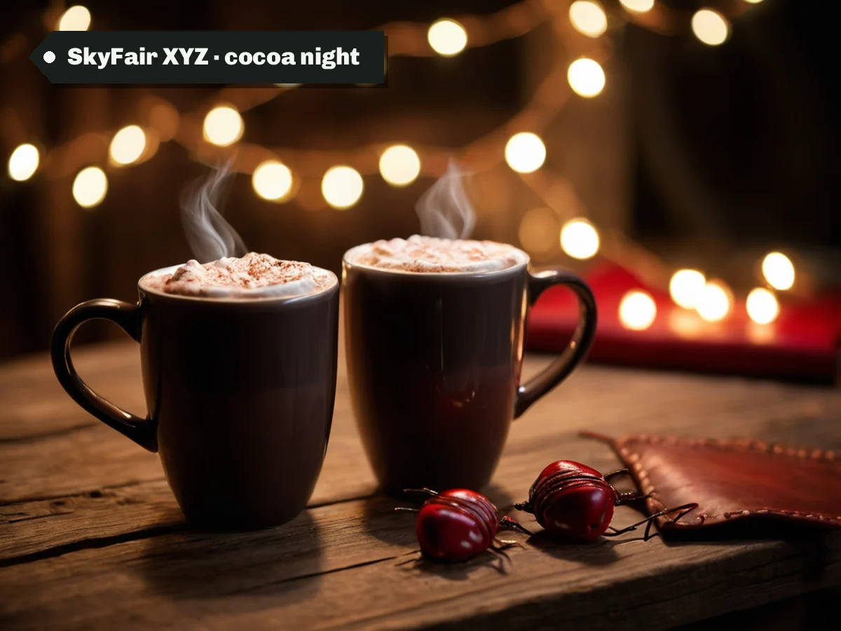 SkyFair XYZ · cocoa night — two cocoa mugs clinking beside a cricket ball
